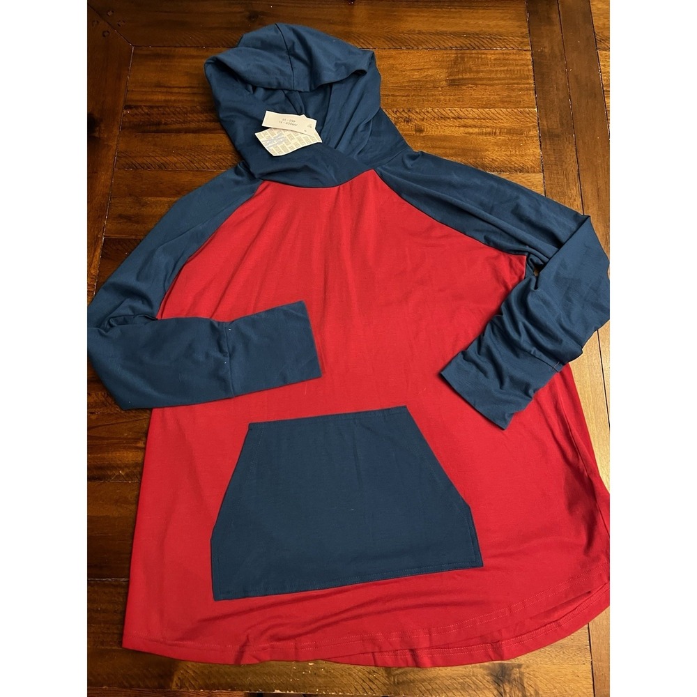 NWT LuLaRoe Amber Two Tone Color blocked Blue Red Hoodie Size XL